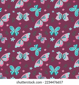 Vector pattern with cute butterflies and moths. Seamless butterflies pattern. Perfect for fabric, wallpaper, wrapping paper, invitation, crafts. Baby pattern on blue background. Vector illustration