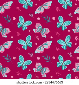 Vector pattern with cute butterflies and moths. Seamless butterflies pattern. Perfect for fabric, wallpaper, wrapping paper, invitation, crafts. Baby pattern on blue background. Vector illustration