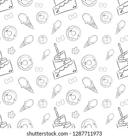 Vector pattern with cute cake, cice cream, donut and stars. Magic hand draw background.