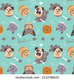 Patrón vectorial con adorables cachorros de perro y gato. Puede utilizarse como fondo, papel pintado, tela y para otro diseño. Patrón sin fisuras de los vectores de perros y gatos