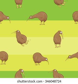 Vector pattern with cute cartoon kiwi birds on striped background.
