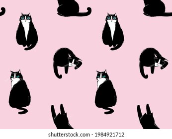 Patrón vectorial de un gato lindo con diferentes emociones. Gatos negros con ojos verdes en un fondo rosado.