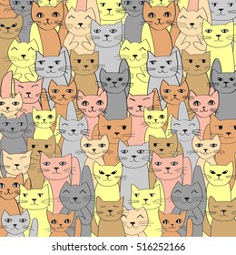 Vector pattern with cute cats. Many cats background