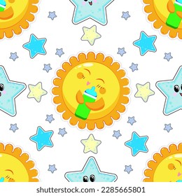 Vector pattern with cute children's suns with bottles. Illustration for decor, printing on packaging, postcards, fabric, for holiday decor, web.