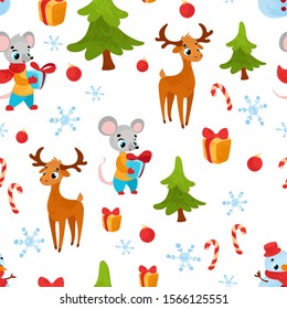 Vector pattern with cute Christmas mouse. Vector seamless pattern. Perfect for fabric, wallpaper, textile, wrapping paper or nursery decor