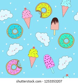 Vector pattern with cute clouds, donuts and ice cream. Cute hand drawn vector pattern. 