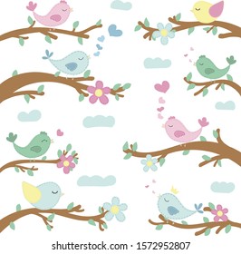 vector pattern, cute colored birds on branches, illustration for children, no background