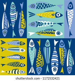 vector pattern with cute colorful decorative fishes. Abstract sea pattern in flat style