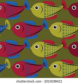 vector pattern with cute colorful  decorative fish. Funny multicolor background, sea texture