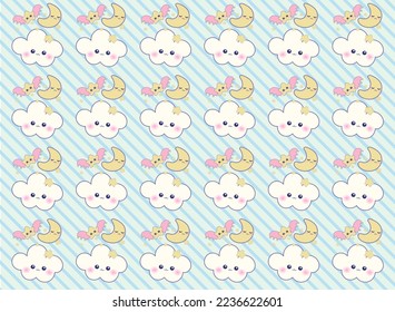 Vector pattern of cute concept of clouds,moon and stars floating in the sky on light blue background.