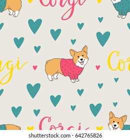 Vector pattern with cute corgi and hearts and inscription Corgi