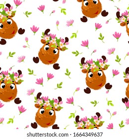 Vector pattern with cute deer and flowers. Vector seamless pattern. Perfect for fabric, wallpaper, textile, wrapping paper or nursery decor