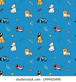 Vector pattern with cute different breeds of dogs in cartoon style on a blue background, Corgi, Bulldog, Dalmatian, Bull terrier. Illustration for postcards, posters, clothes