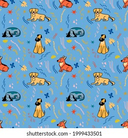 Vector pattern with cute different breeds of dogs in cartoon style on a blue background, Corgi, Bulldog, Dalmatian, Bull terrier. Illustration for postcards, posters, clothes