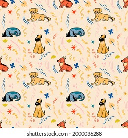 Vector pattern with cute different breeds of dogs in cartoon style on a beige background, Corgi, Bulldog, Dalmatian, Bull terrier. Illustration for postcards, posters, clothes
