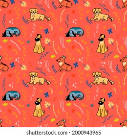 Vector pattern with cute different breeds of dogs in cartoon style on a red background, Corgi, Bulldog, Dalmatian, Bull terrier. Illustration for postcards, posters, clothes