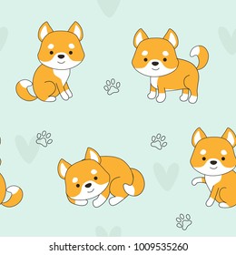 Vector pattern with cute dog. Puppy. the cartoon dog lies. the dog is sitting. the dog is playing. redhead puppy. shiba inu
