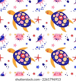 Vector pattern with cute dreamy marine animals on a white background.