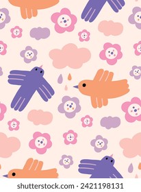 Patrón vectorial con lindos pájaros voladores y flores en un estilo moderno. Papel de pared vectorial impecable. Perfecto para la decoración y los textiles para niños