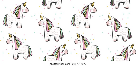 Vector pattern. Cute piñatas in the form of unicorns and confetti. Handdraw graphics . Can be used as a print for children's clothing, wrapping paper, or whatever you want 