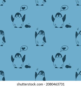 Vector pattern with cute funny penguins, hand-drawn illustration. Cute animals, children's illustration for clothes, postcards, fabrics, gift wrapping.