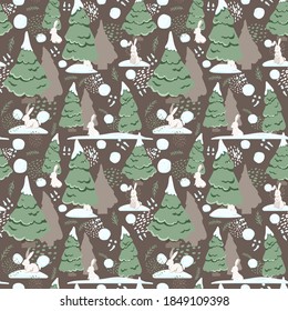 Vector pattern with cute fur-trees rabbits in the snow. Cute illustration for the decor of children's books, postcards, textiles, fabrics, clothes, etc.