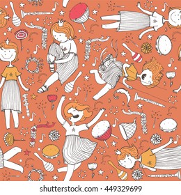 Vector pattern with cute girl princess, musical instruments. flowers, note, stars and hearts. Colorful illustration, hand drawn, good for wrapping paper, print, kids and music backgrounds on orange.