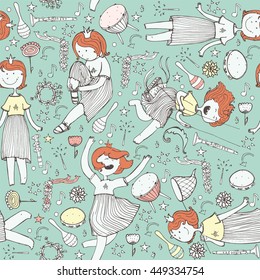 Vector pattern with cute girl princess, musical instruments. flowers, note, stars and hearts. Colorful illustration, hand drawn, good for wrapping paper, print, kids and music backgrounds on blue.