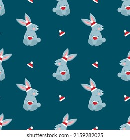 Vector pattern with cute gray rabbits in a red knitted hat and mittens, Christmas in cartoon style, symbol of the year, festive pattern for postcards, decoration, gift wrapping