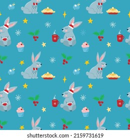 Vector pattern with cute gray rabbits, pie and hot cocoa, cartoon-style Christmas, symbol of the year, festive pattern for postcards, decoration, gift wrapping