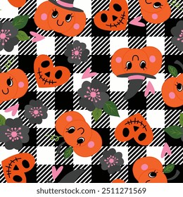 Vector pattern with cute halloween pumpkins. Black and White Lumberjack Plaid Background