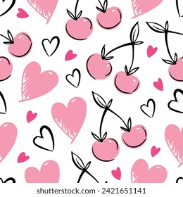 Vector pattern with cute hearts and pink cherries. Lovely pattern with cute doodle hearts. Seamless pattern design for wrapping paper, for gifts, Valentine’s Day design.