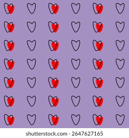 Vector pattern with cute hearts, purple background. Design is designed for packaging, textiles, wallpaper, print, banner, postcard, poster