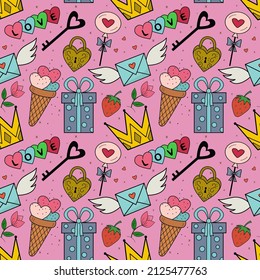 Vector pattern of cute illustrations for Valentine's Day, wedding, for websites and interfaces, mobile applications, postcards, wrapping paper, advertising.Vector pattern