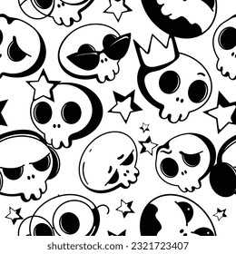 Vector pattern with cute isolated skulls. Emotional skulls on white background. Seamless scalable youth background for prints or websites.  