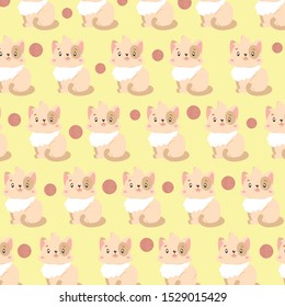 
Vector pattern with cute kawaii cats. 
The elements are staggered. Pattern with kawaii kittens on a yellow  background.