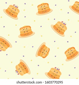 Vector pattern with cute kawaii pancakes. Cartoon happy pancakes with butter and fruit for breakfast. Pattern of elements located in different directions.