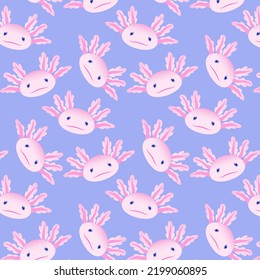 vector pattern of cute kind faces of a pink cartoon smiling animal axolotl on a blue background