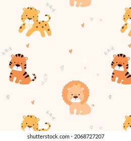 Vector pattern with cute lion, leopard and tiger. Pastel childish background with animals. Wild cats for babies and toddlers. Детская текстура для ткани, текстиля, обоев, одежды. Тигр, леопард и лев