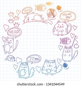 Vector pattern with cute little cats and kittens for children.