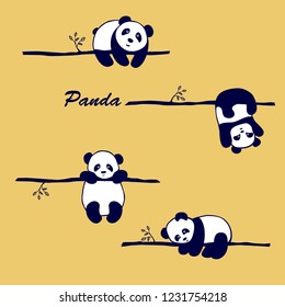 vector  pattern cute little Panda bear on a tree branch in different poses ,on yellow background