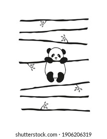 Patrón vectorial lindo oso Panda colgado en una rama, con fondo a rayas. Tipografía para camisetas de impresión abstracta.