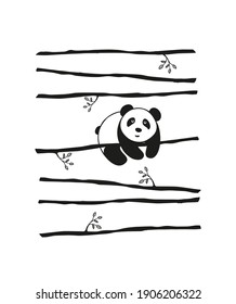 Vector pattern cute little Panda bear hanging on a branch,on striped background.Typography for abstract printing T-shirts.