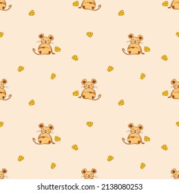 Vector pattern with cute mice and pieces of cheese, cartoon-style character, cute animals, rodents. Children's illustration for postcards, posters, T-shirts, teenagers, stickers, fabrics.