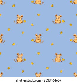 Vector pattern with cute mice and pieces of cheese, cartoon-style character, cute animals, rodents. Children's illustration for postcards, posters, T-shirts, teenagers, stickers, fabrics.