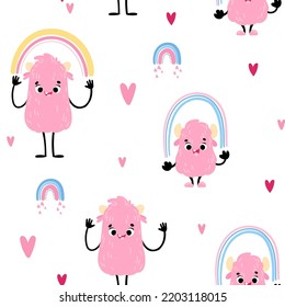 Vector pattern with cute monsters and rainbow. Childish seamless pattern for fabric, paper, wrapping, clothing, textile, wallpaper. Vector illustration