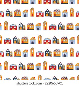 Vector pattern with cute nordic multicolored houses in doodle style, hygge, cozy house on a white background. Pattern for fabrics, postcards, gift wrapping, pajamas.