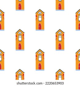 Vector pattern with cute nordic multicolored houses in doodle style, hygge, cozy house on a white background. Pattern for fabrics, postcards, gift wrapping, pajamas.
