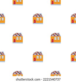 Vector pattern with cute nordic multicolored houses in doodle style, hygge, cozy house on a white background. Pattern for fabrics, postcards, gift wrapping, pajamas.