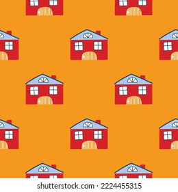 Vector pattern with cute nordic multicolored houses in doodle style, hygge, cozy house on a yellow background. Pattern for fabrics, postcards, gift wrapping, pajamas.